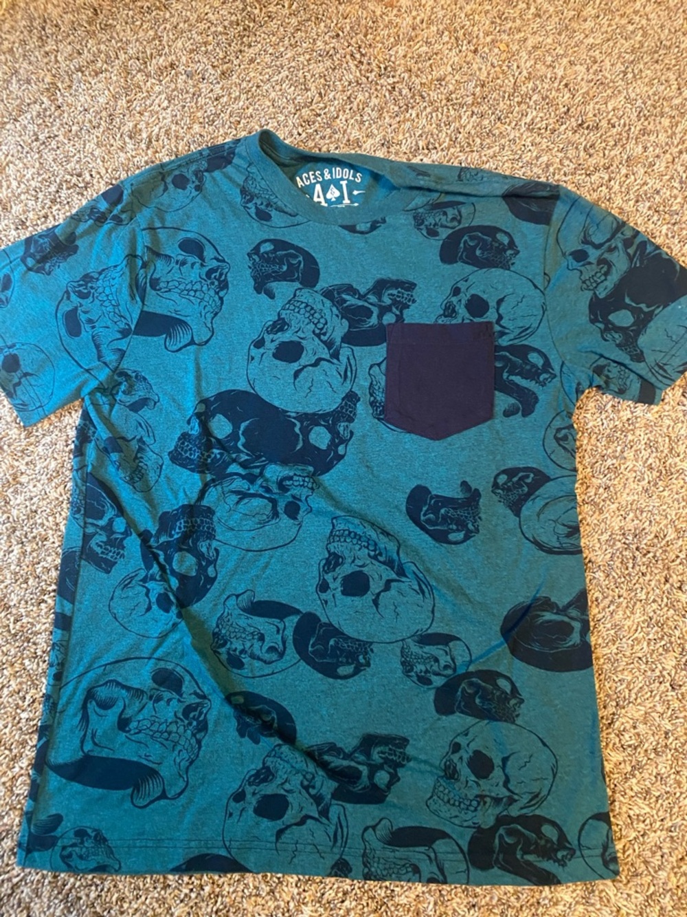 Aces & Idols Teal Skull Print Pocket Tee